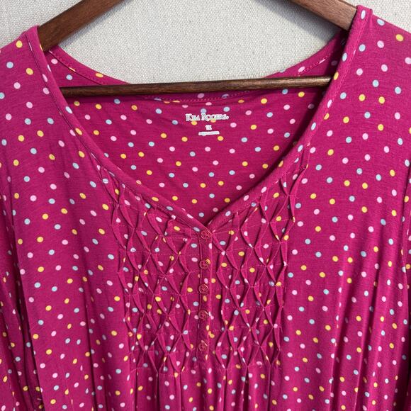 Kim Rogers Top Size 1X Pink Polka Dot V-Neck Pintuck Front 3/4 Sleeve Stretchy - Picture 3 of 11